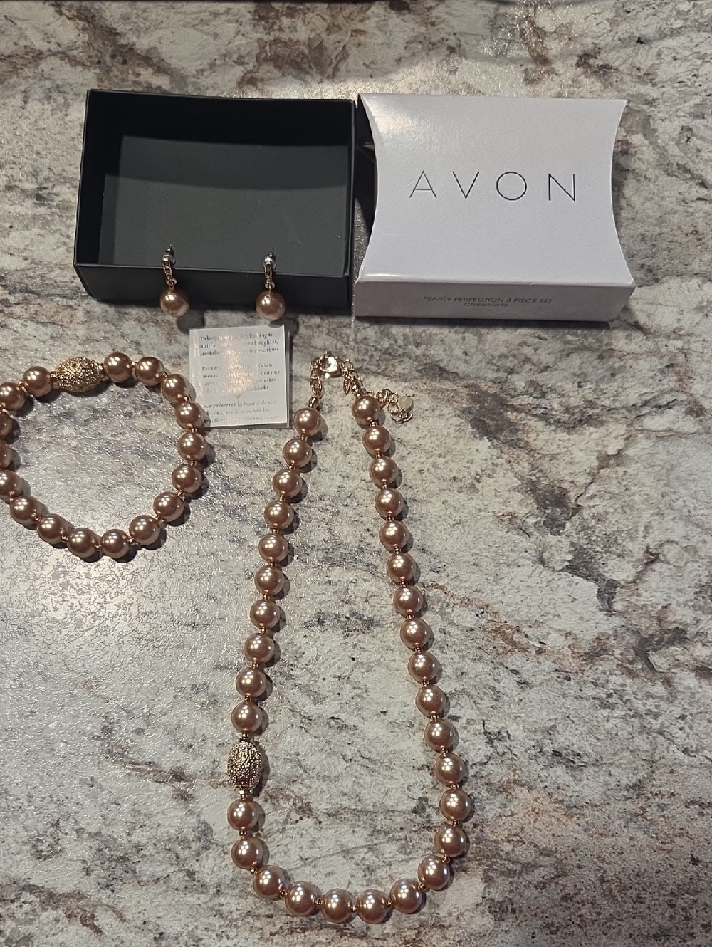 Avon Rose Gold Pearl Necklace, Bracelet & Drop Earrings Set